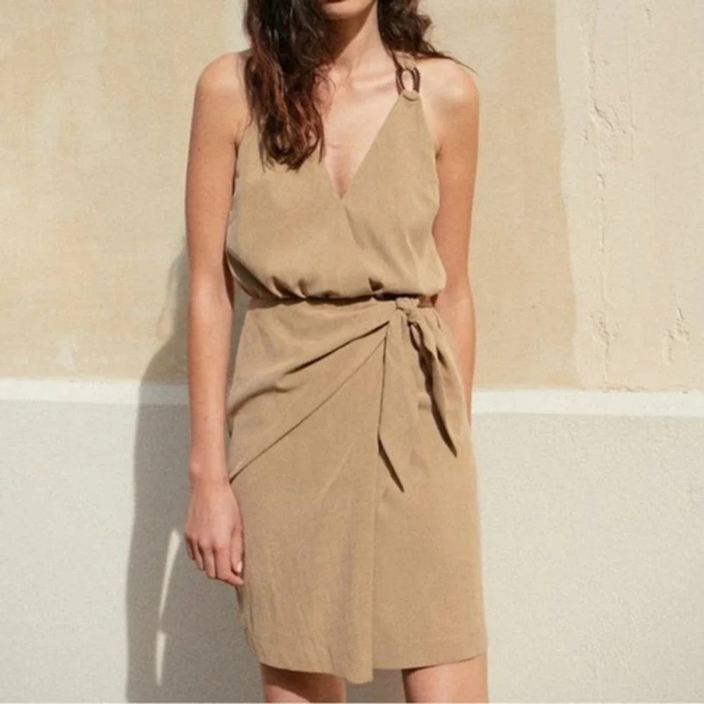 NANUSHKA Venus Wrap Front Mini Dress Solar Beige Size Medium